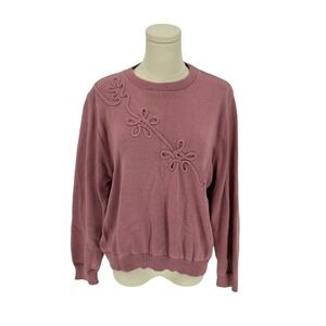 Vintage Blair Mauve Knit Sweater Floral Applique Crew Neck Pullover Womens XL
